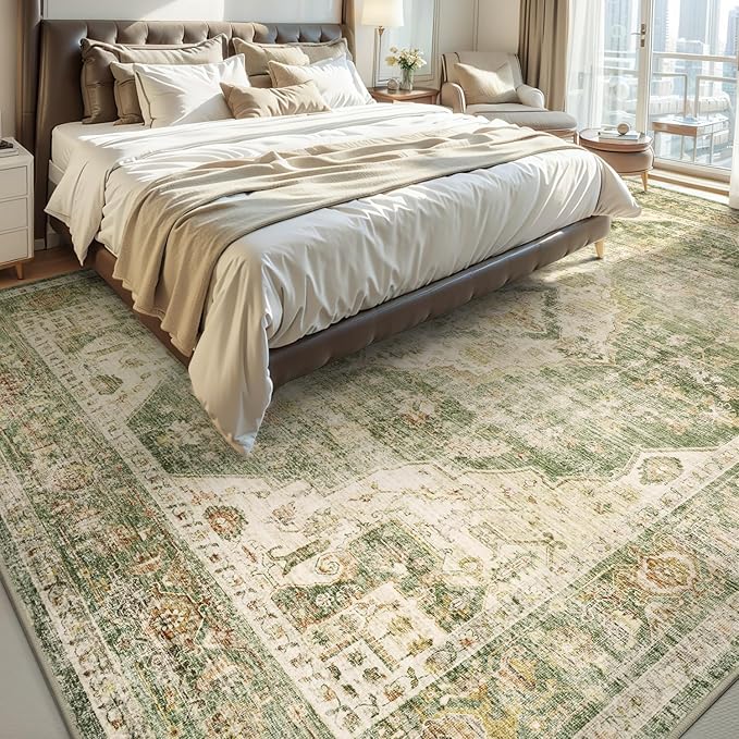 AMOAMI-6FT Round Rug-Rugs for Living Room-Vintage Soft Olive Green Rugs for Bedroom-Non Slip Circle Rug-Machine Washable Rug for Dining Room Living Room Bedroom Office Under Table