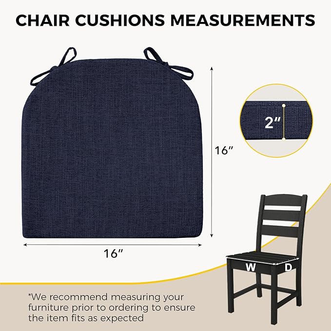 downluxe Indoor Chair Cushions for Dining Chairs, Soft and Comfortable Textured Foam Kitchen Chair Pads with Ties and Non-Slip Backing, 16" x 16" x 2", Navy, 4 Pack