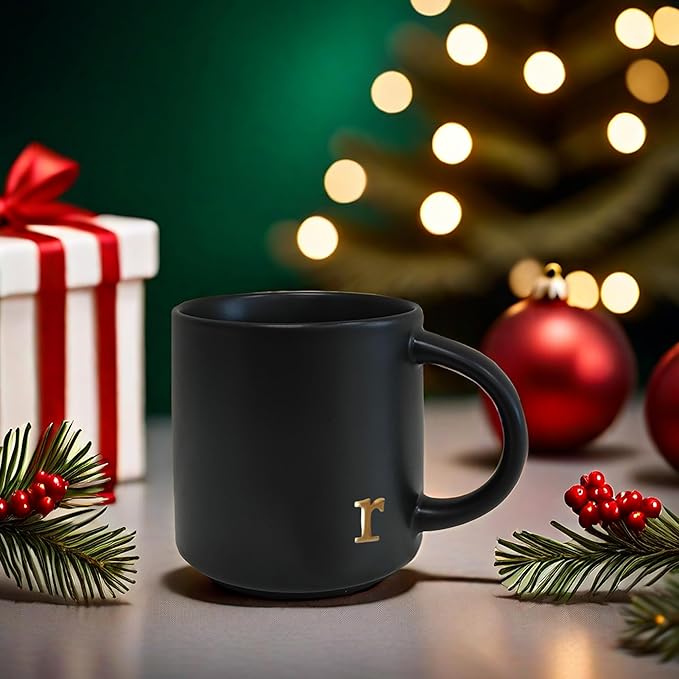 COLLECTIVE HOME - Black Monogram Ceramic Mugs, 15 oz Golden Initial Coffee Cups, Elegant Alphabet Tea Mugs, Personalized Halloween Mug with Gift Box, Perfect for Office and Home Décor (r)
