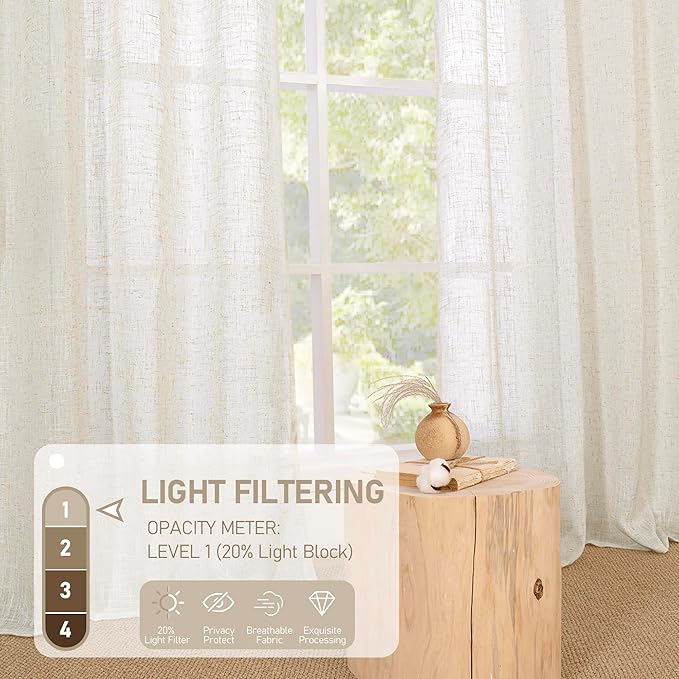 LAMIT Linen Sheer Curtains 72 Inches Long for Bedroom, Bronze Grommet Light Filtering Semi Sheer Linen Textured Burlap Boho Neutral Drapes for Living Room, Cream Ivory, 34 x 72 Inch, 2 Panels