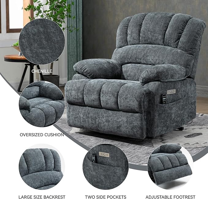 Power Lift Chair with Vibration Massage and Lumbar Heat for Elderly, Electric Recliner Chair Max 155° with Charging Ports, Blue Gray