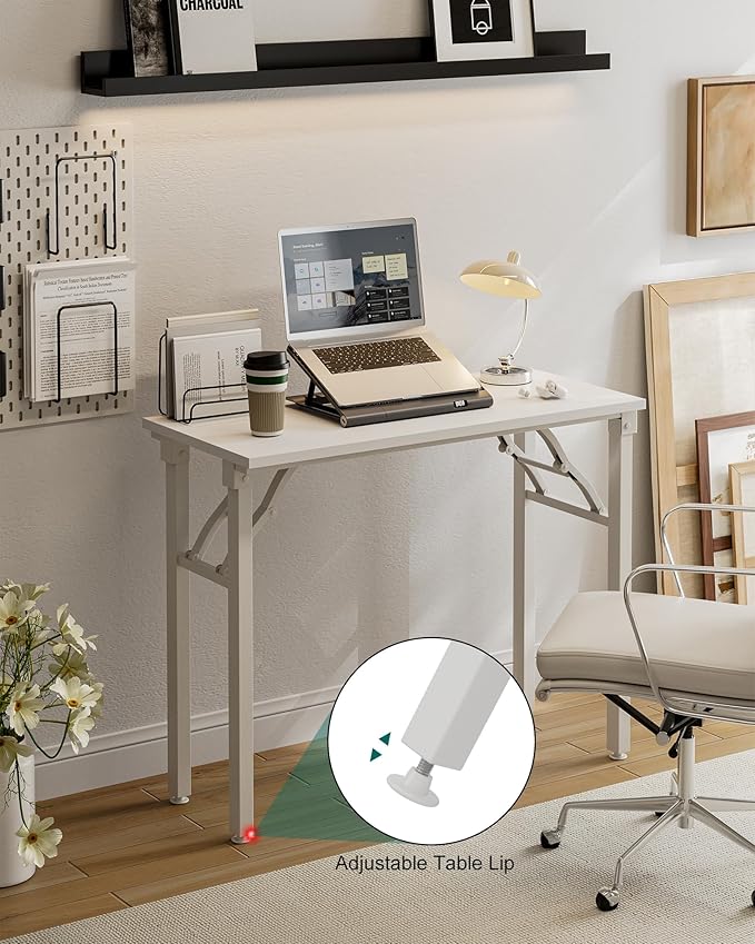 Frylr Small Folding Computer Desk – 35.8 Inch Portable Table for Craft and Study, Lightweight Desk for Small Spaces, Foldable Laptop Table Built-in AC/USB Outlets for Convenience, White