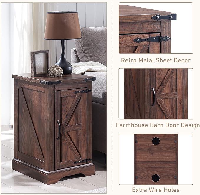 JXQTLINGMU Farmhouse Nightstand Set of 2 with Charging Station, 17" D Rectangular End Table with Barn Door & Adjustable Storage Shelf, Wood Rustic Sofa Side Table for Living Room, Bedroom, Brown