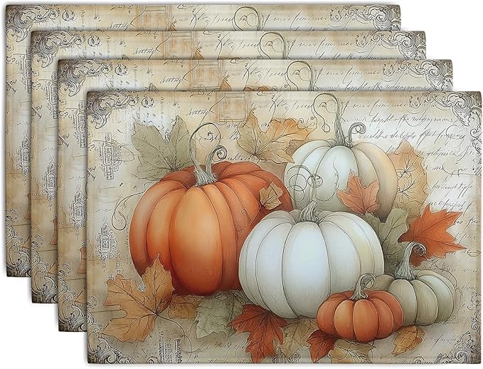 Fall Pumpkin Placemats Set of 4 Vintage Autumn Maple Leaf Seasonal Place Mats 12x18 Inch Thanksgiving Farmhouse Linen Fabric Table Mats for Party Kitchen Dining Outdoor Indoor Decor