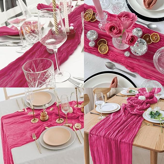 Hot Pink 12 Pack Cheesecloth Table Runner 10FT Boho Fabric Rustic Cheese Cloth Table Runner for Wedding 20 x 120 Inch Long Bridal Shower Baby Shower Gauze Sheer Birthday Party Table Decorations