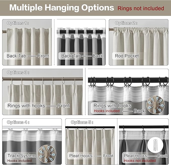 RAIN CITY 104 Inch Long Black Out Curtains 2 Panels Custom Drapery Neutral Blackout Pleated Ceiling Track Curtain for Dining Room Linen Textured Back Tab with Hooks 50"x104"