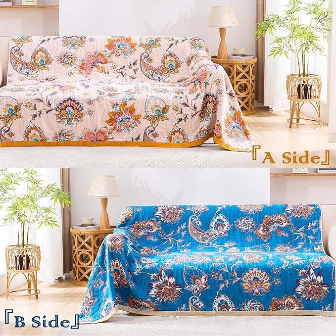 Boho Throw Blanket for Bed, 100% Cotton Soft Rustic Quilt Fall Blanket, 90"x98" Floral Printed Farmhouse Decor Bed Blankets, All Season Rustic Reversible Bohemian Throw Quilt
