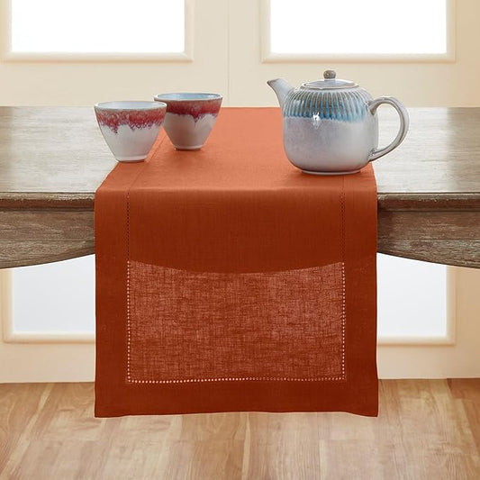 Solino Home Linen Hemstitch Table Runner 36 Inches - 100% Pure Linen Cinnamon Table Runner 14 x 36 Inch Ideal for Dresser and Coffee Tables - Classic Hemstitch - Fall, Autumn, Halloween, Thanksgiving