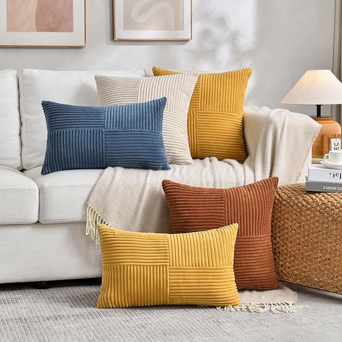 Fancy Homi 2 Packs Rust Euro Decorative Throw Pillow Covers 26x26 Inch for Bedroom Bed, Farmhouse Boho Home Decor, Soft Corss Corduroy Patchwork Textured Square Terracotta Cushion Case 66x66 cm