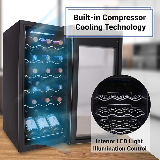 NutriChef PKCWC18 Slim Wine Fridge 18 Bottle Mini Beverage Chiller Adjustable Temp Control, 30x13x17 IN, Black