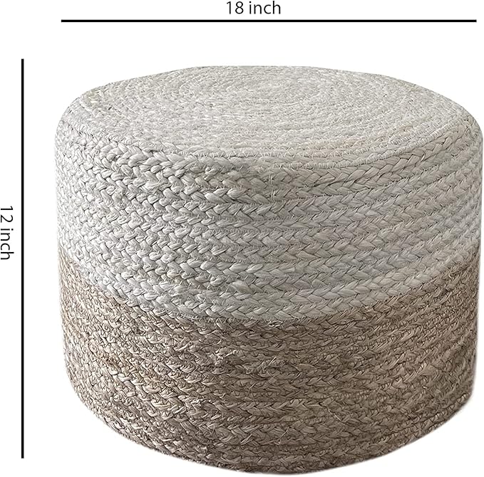 Jute Pouf Ottoman | Footrest Pouf | Hand Braided - Round Boho Pouffe - for Living Room, Bedroom, Nursery (18"x18"x12") Ivory