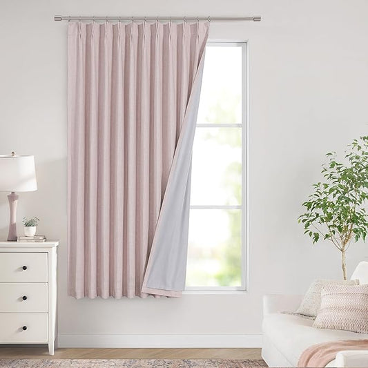 Vision Home Soft Pink Pinch Pleated Full Blackout Curtains Linen Blended Room Darkening Window Curtains 72 inch for Living Room Bedroom Thermal Insulated Pinch Pleat Drapes with Hooks 60" Wx72 Lx1