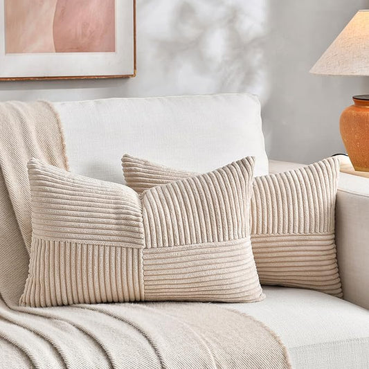 Fancy Homi 2 Packs Tan Lumbar Decorative Throw Pillow Covers 16x28 Inch for Living Room Couch Bed Sofa, Boho Home Decor, Soft Striped Corduroy Rectangle Accent Beige Cushion Case 40x70 cm