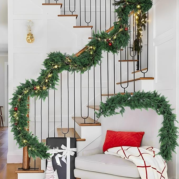 Hananona 6 FT Artificial Cedar Garlands, Real Touch Winter Cedar Cypress Garland, Green Artificial Greenery Pine Garland for Table, Mantle, Wall, Indoor, Outdoor Christmas Decorations (1, 6 FT)
