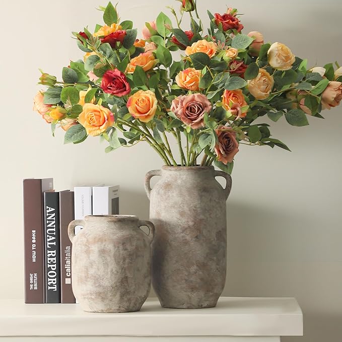 Large Flower Vase Home Decor - 12 inch Tall Ceramic Farmhouse Rustic Table Vases with Handle Living Room Decoration Decorative Modern Vintage for Floor Kitchen Shelf Coffee Dining Desk Fireplace