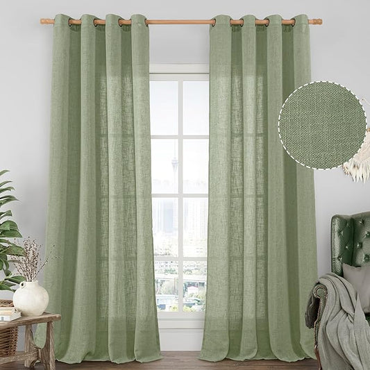 LAMIT Living Room Linen Curtains 95 Inch for Bedroom, Bronze Grommet Linen Textured Sheer Curtains Light Filtering Burlap Drapes for Farmhouse, 2 Panels, 52 x 95 Inch, Sage Green