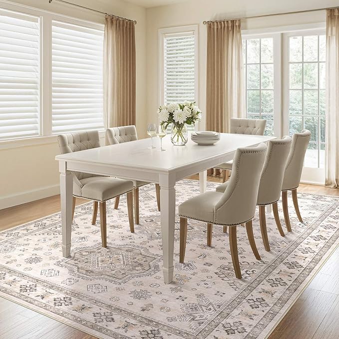 Washable Area Rugs for Living Room - 7x9 Neutral Vintage Distressed Floral Farmhouse Boho Large Soft Floor Rug Indoor Non Slip Carpet for Living Room Bedroom Dining Room Office - Beige Brown