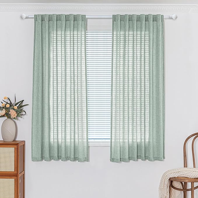 MYSKY HOME Semi Sheer Curtains for Bedroom, Kitchen Curtain Panels Cotton Polyester Blend Fabric Linen Look Texture Light Filtering Privacy Drapes, Farmhouse Home Decor, 50" x 63", Aqua, 2 Pieces