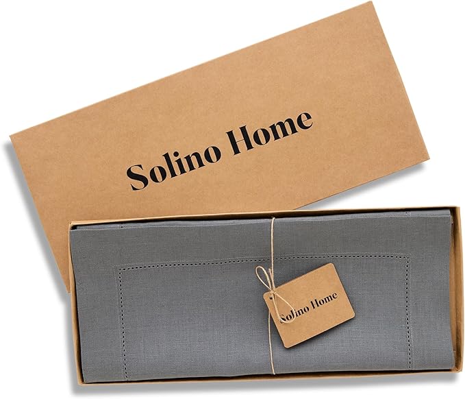 Solino Home Linen Steel Gray Table Runner 90 Inches Long - 100% Pure Linen Hemstitch 14 x 90 Inch Table Runner for Dining, Fall, Autumn - Classic Hemstitch