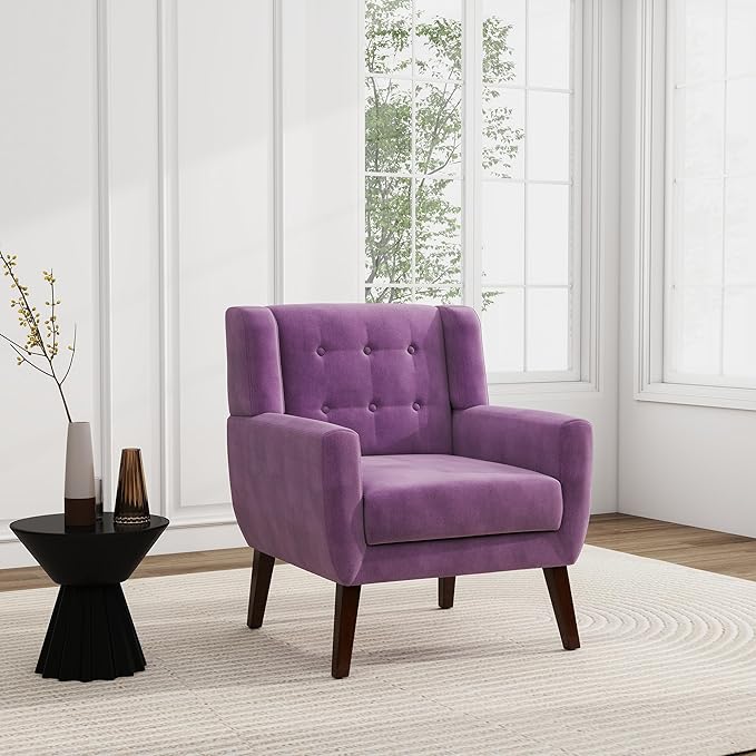 UIXE Accent Chairs Set of 2, Modern Upholstered Arm Chair, Mid-Century Club Armchair Comfy Single Lounge Sofa, Button Tufted Living Room Reading Side Seating for Bedroom Office, Velvet-Purple