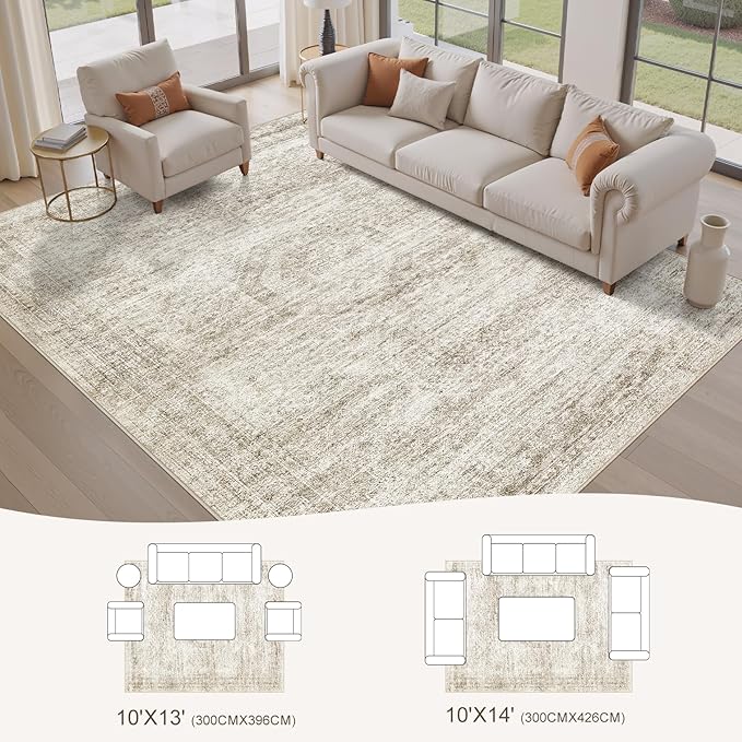 Washable Area Rugs for Living Room -10x13 Neutral Vintage Distressed Floral Farmhouse Boho Large Soft Floor Rug Indoor Non Slip Carpet for Living Room Bedroom Dining Room Office-Beige