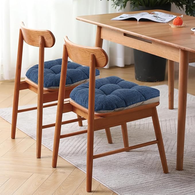 Non Slip Chair Cushions for Dining Chairs Set of 4 Kitchen Chair Cushions 18"x18"x3" Turfted Chair Pads Comfortable and Soft Seat Cushion with Ties, Royal Blue