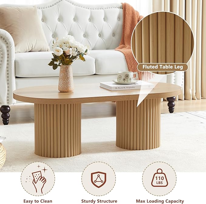 Oval Fluted Coffee Table, Farmhouse Wood Coffee Table Mid Century Modern Center Table Boho Living Room Tables for Living Room Office (Natural, 19.69" D x 39.38" W x 13.78" H)