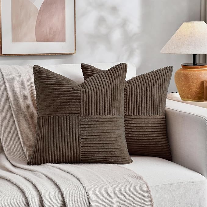 Fancy Homi 2 Packs Dark Brown Euro Decorative Throw Pillow Covers 28x28 Inch for Couch Bed, Rustic Farmhouse Boho Home Decor, Soft Corss Corduroy Patchwork Textured Square Cushion Case 71x71 cm