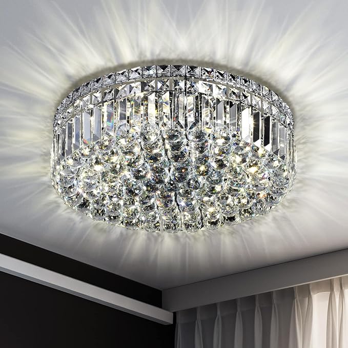 6-Lights Crystal Flush Mount Chandelier Light Fixture with K9 Crystals Modern Ceiling Lights Elegant Pendant Lamp for Bedroom,Hallway,Bar,Living Room,Dining Room,H5.9 xW20 (Bulbs Not Included)
