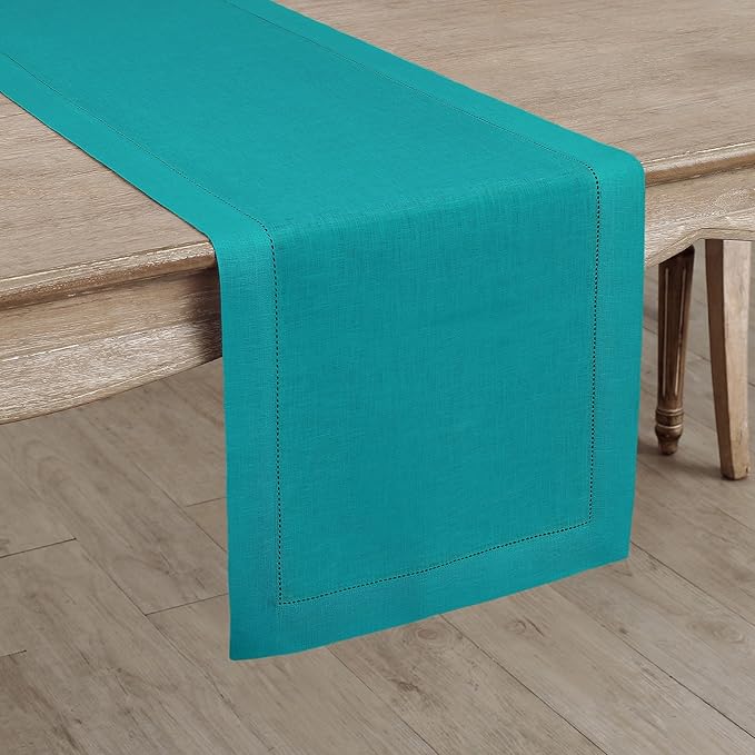 Solino Home Linen Teal Table Runner 108 Inches Long - 100% Pure Linen Hemstitch 14 x 108 Inch Table Runner for Dining, Fall, Autumn, Thanksgiving - Classic Hemstitch