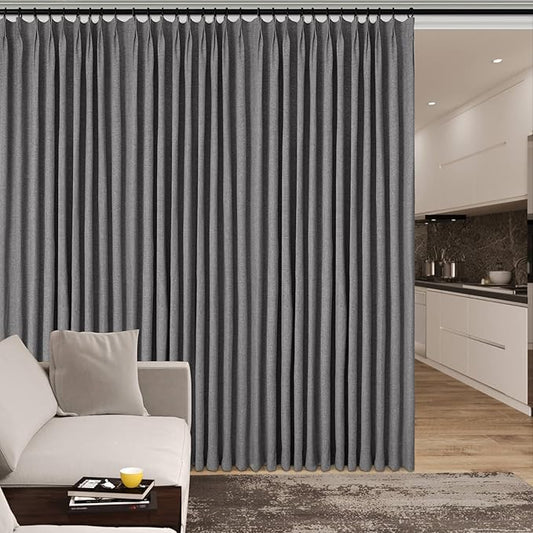 100" W x 96" L Faux Linen Room Divider Curtains, Full Blackout Pinch Pleated Drapes for Traverse Rod, Bedroom Divider Privacy Drapery with Hooks for Ceiling Track, 1 Panel, Gray