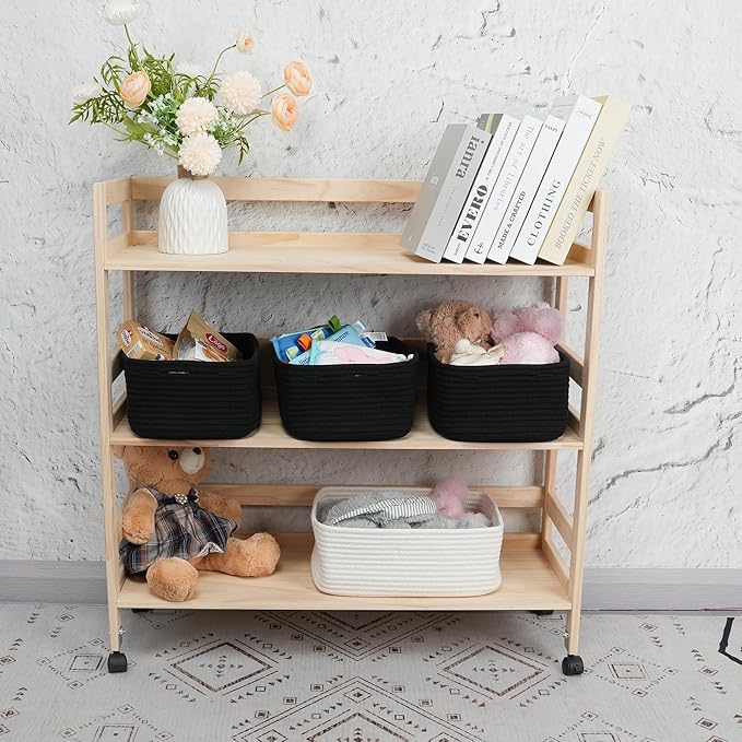 Small Woven Storage Baskets 13“X9”X5“ Decorative Rope Bins for Organizing Shelves, Closets, and Toys, Empty Gift Baskets, Cute Organizer Basket for Home and Office (black, Large)