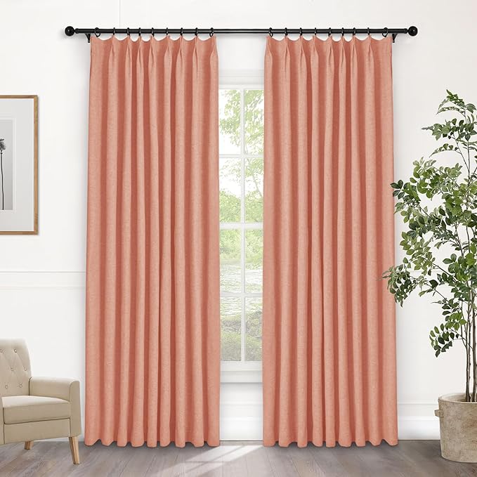 Macochico 100% Blackout Pinch Pleated Linen Curtains 84 Inch Length Thermal Blackout Curtains for Bedroom Living Room Nursery Orange Farmhouse Burlap Curtains with Tieback 52”Wx84”L 1 Panel