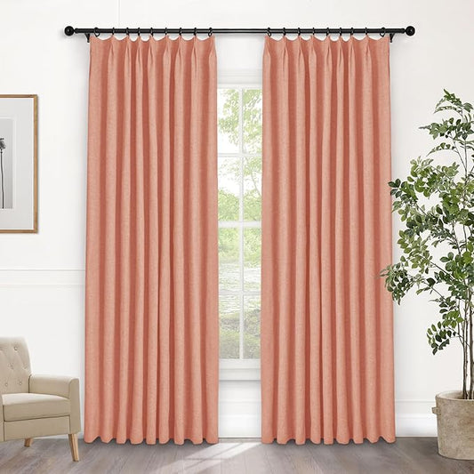 Macochico 100% Blackout Pinch Pleated Linen Curtains 84 Inch Length Thermal Blackout Curtains for Bedroom Living Room Nursery Orange Farmhouse Burlap Curtains with Tieback 52”Wx84”L 1 Panel