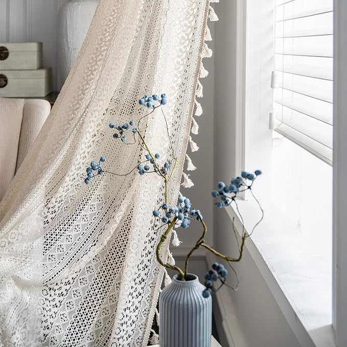 Sutuo Home Boho Curtains Crochet Lace Semi-Sheer Bohemian Hollow Knitted Handmade Tassels, Rod Pocket Window Treatment Vintage Rustic Farmhouse Drapes for Living Bedroom, 1 Panel 59" W x 72" L, Beige