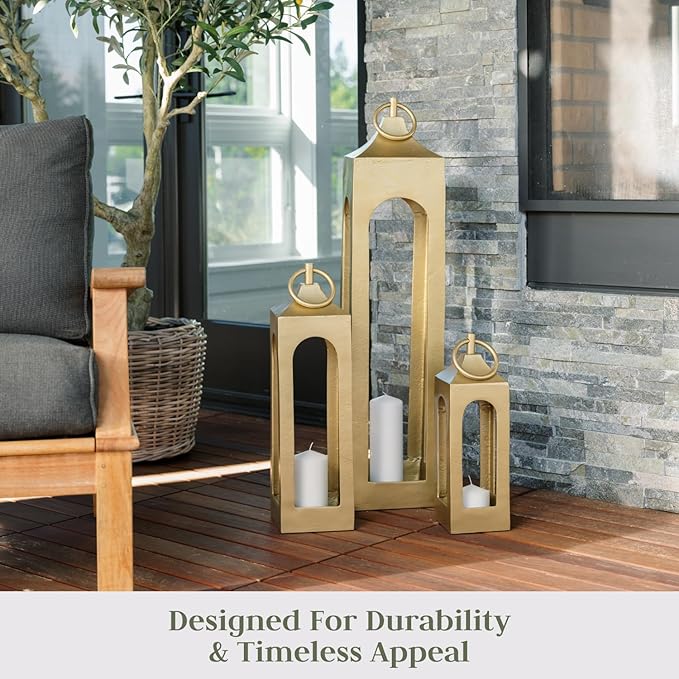 Medium Gold Lantern, Rustic Metal Decorative Lantern, Candle Holder for Indoor & Outdoor, Home Decor for Patio, Garden & Tabletop, Hanging Lantern for Parties & Weddings