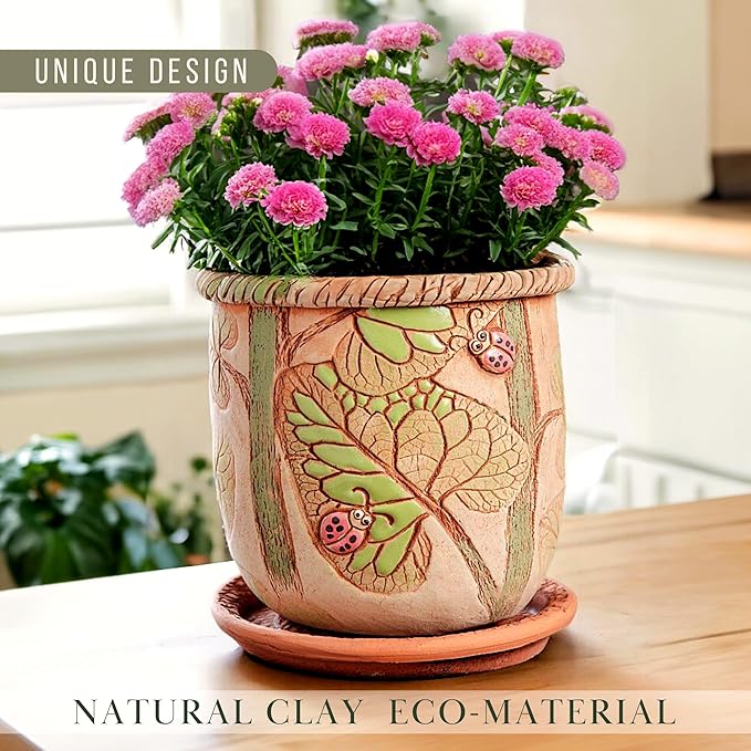 Ceramic Pot with Drainage Hole and Saucer, Plant Pots, Modern Decorative Planters for House Plants Indoor Flowers Plants, Cute Flower Pot - Gifts (Ladybugs (1.6 L))