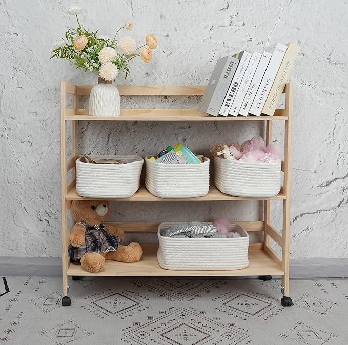 Small Woven Storage Baskets 13“X9”X5“ Decorative Rope Bins for Organizing Shelves, Closets, and Toys, Empty Gift Baskets, Cute Organizer Basket for Home and Office White Large