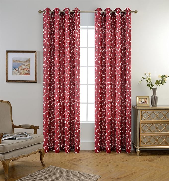 MIUCO Floral Embroidered Semi Sheer Curtains Faux Linen Grommet Window Curtains for Bedrooom 52 x 84 Inch 2 Panels, Burgundy