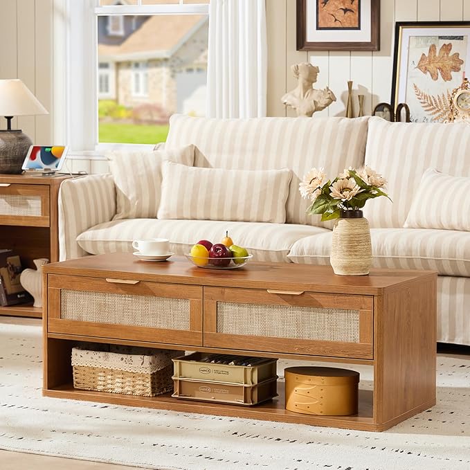 LEYAOYAO Boho Rattan Coffee Table and End Table Sets, 48" Wide Center Tables & 23" Night Stand with Charging Station Chest of Drawers, Brown Wood Coffee Table for Living Room 2 Piece Set