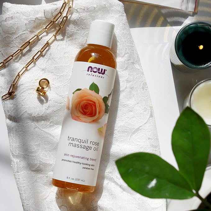 NOW Foods Solutions, Tranquil Rose Massage Oil, Body Moisturizer for Dry Sensitive Skin, Promotes Healthy-Looking Skin, 8-Ounce