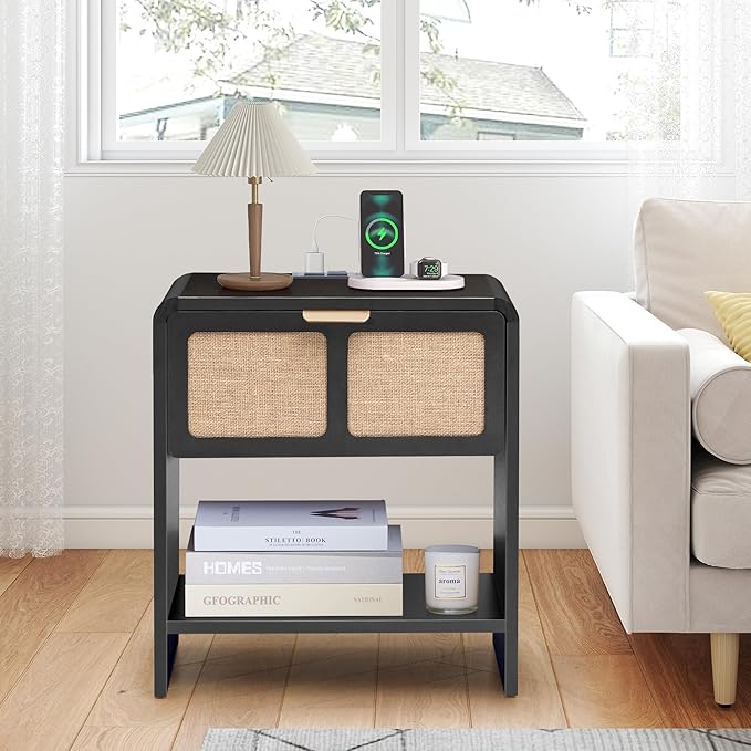 LEVNARY Nightstand with Charging Station, Mid-Century Modern Bedside Table with Curved Top Corners and Fabric-Like Textured Drawer, Wooden End Table for Farmhouse Bedroom Living Room (1, Black)