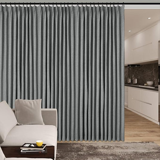 100" W x 96" L Faux Linen Room Divider Curtains, Full Blackout Pinch Pleated Drapes for Traverse Rod, Bedroom Divider Privacy Drapery with Hooks for Ceiling Track, 1 Panel, Mid Grey