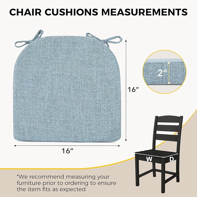 downluxe Indoor Chair Cushions for Dining Chairs, Soft and Comfortable Textured Foam Kitchen Chair Pads with Ties and Non-Slip Backing, 16" x 16" x 2", Light Blue, 6 Pack