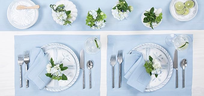 Solino Home Linen Sky Blue Table Runner 60 Inches - Classic Hemstitch, 100% Pure Linen Coffee Table Runner 14 x 60 Inch Ideal for Dresser Tables
