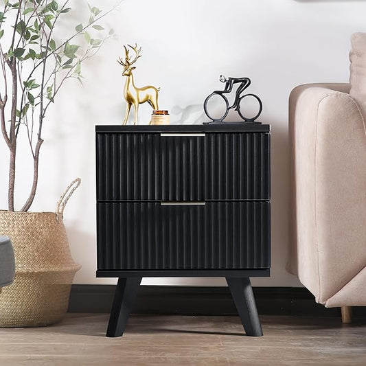Fluted Nightstand, Mid Century Modern 2 Drawer Bedside Table for Bedroom, Small Dresser Night Stand Side Table End Tables with Wood Drawer Storage for Bedroom Closet(Black)