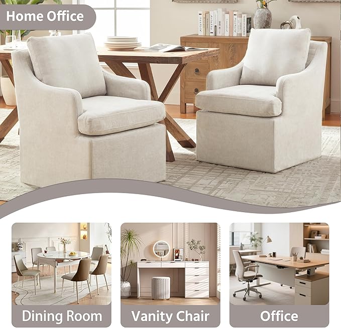 VKNOW Upholstered Dining Chairs, Modern Kitchen Chairs Dinner Chairs with 4 Casters, Linen Armchair for Bedroom Reading Room Living Room, Beige