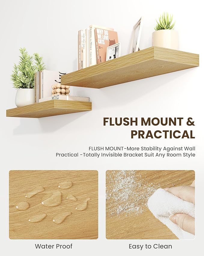 Marsmiles 30" Floating Shelves for Wall, Wooden Shelves with Invisible Brackets Set of 2, Rustic Farmhouse Wall Mounted Shelf for Kitchen Bathroom Living Room Study, Natural Oak