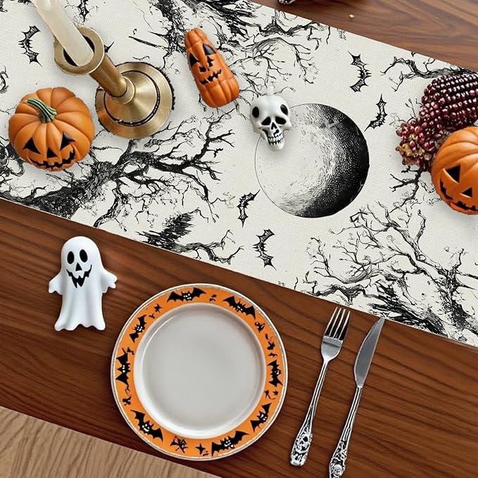 GPGHE Halloween Table Runner Black Ghost Holiday Burlap Table Decoration Indoor Outdoor Home Decor Party Supply 13 x 108 Inch