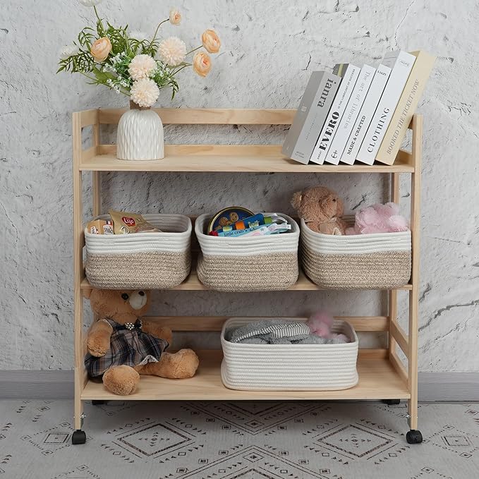 Small Woven Storage Baskets 13“X9”X5“ Decorative Rope Bins for Organizing Shelves, Closets, and Toys, Empty Gift Baskets, Cute Organizer Basket for Home and Office (white and brown, Large)